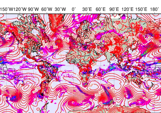 World forecast chart for Monday, February 9th, 2026 at 12:00 PM